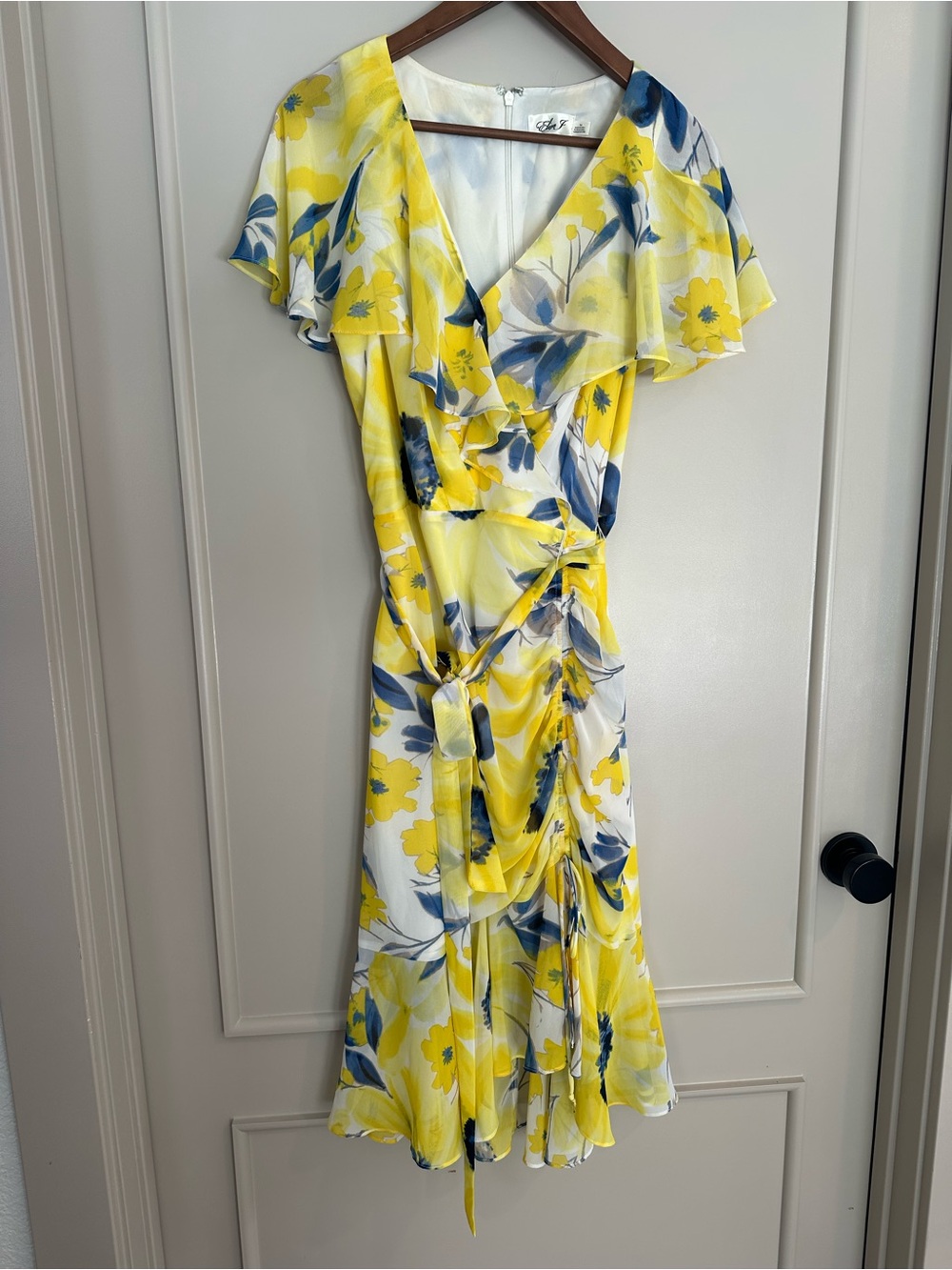 Eliza J Yellow Floral Wrap Midi Dress with Blue Accents